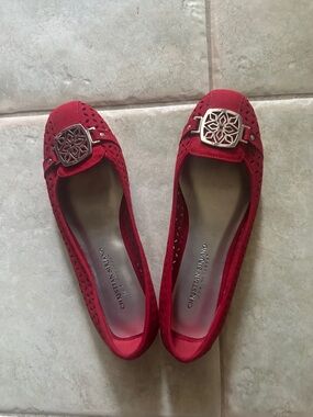 Christian Siriano Red Suede Perforated Ballet Flats with Decorative Medallion